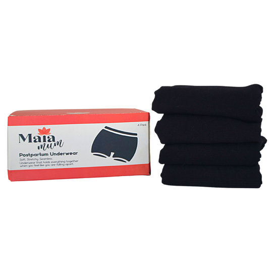 A pack of black postpartum underwear by Maia Mum, displayed alongside its packaging with the brand's logo and product information.